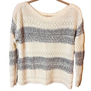 Garnet Hill Organic Cotton Cream and Gray Striped Long Sleeve Boatneck Sweater L